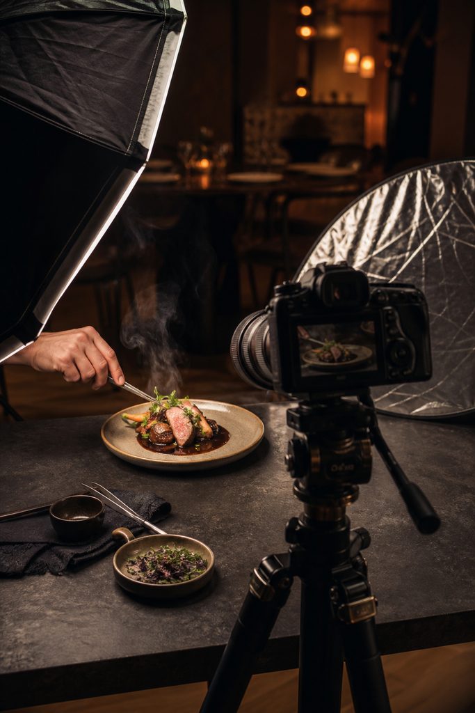 Chef plating a dish during a restaurant menu shoot